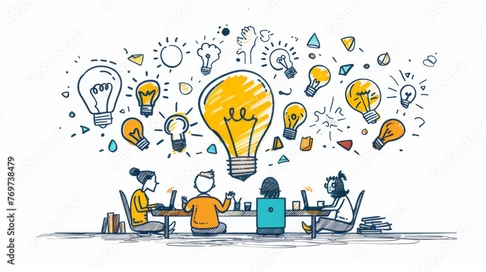 Aufkleber illustration of a team brainstorming with lightbulb doodles representing ideas and innovation around
