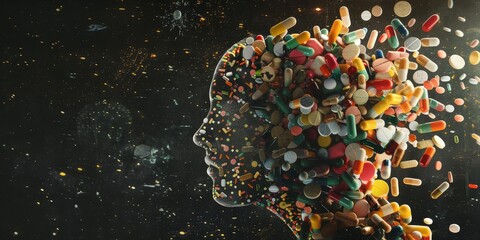A colorful head made of pills is shown in a black background - obrazy, fototapety, plakaty