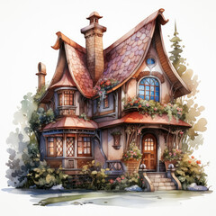 Fototapeta premium watercolor Kawaii Gingerbread House clipart, Generative Ai