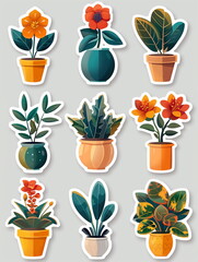 set of sticker with plants and flowers in pots