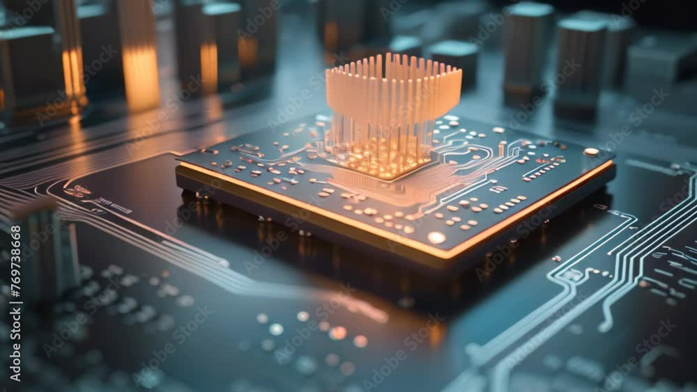 Aufkleber circuit board with microchips and electronic components. 3d rendering, an abstract technology backgr
