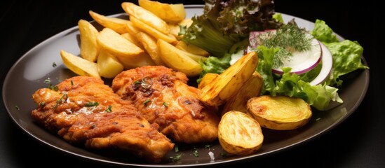 Fototapeta premium A black plate featuring fried chicken, French fries, and a salad, showcasing a staple food prepared through deep frying. The dish combines various ingredients cooked to perfection