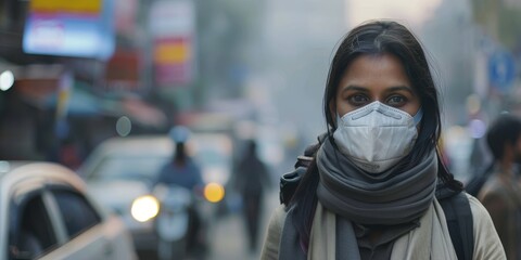 A woman wearing a surgical mask is walking down a busy street - obrazy, fototapety, plakaty