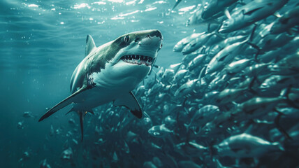 Obraz premium Small fish in formation outmaneuvering a big corporate shark