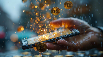 Smartphone apps raining coins into an open wallet