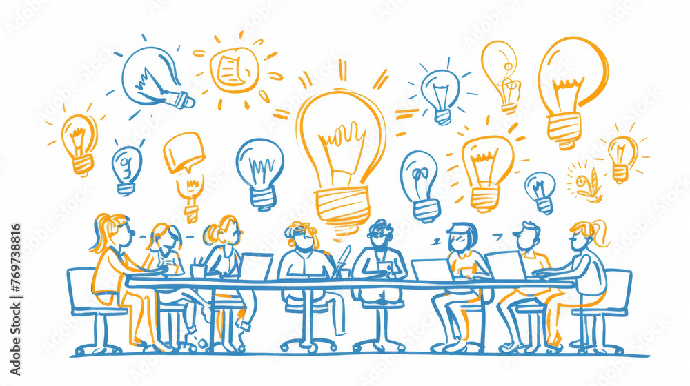 Poster animated illustration of a team meeting with vibrant lightbulb icons symbolizing brainstorming and c