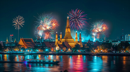 Thailand temple in the night time, firework on background, newyear festival with the temple - obrazy, fototapety, plakaty
