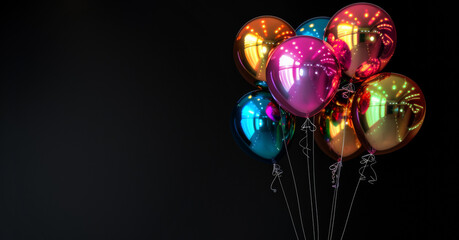 Neon balloons bunch on a black wall background.
