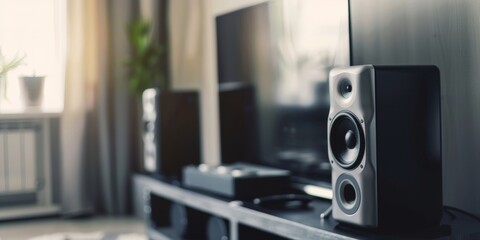 A black speaker sits on a black stand in front of a television