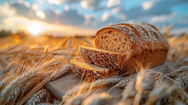 A photo of whole grain bread with chia seeds on top, placed in front of an open field of wheat, taken from the side, with a wooden board holding two slices of sliced loaf. 