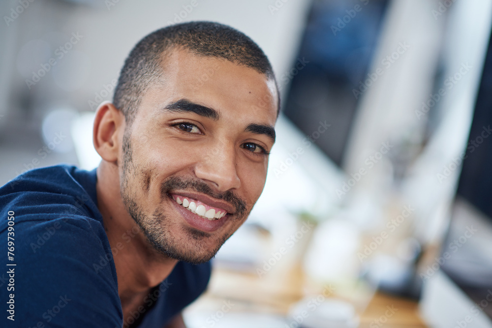 Canvas Prints Happy, desk and portrait of business man for startup career, job and working in office. Professional workplace, creative company and face of person with confidence, pride and smile for design agency