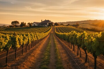 Golden Vineyard Glow  countryside ablaze in sunset hues amidst lush grapevines