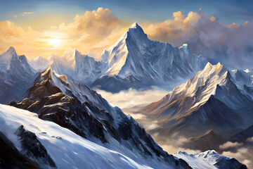beautiful landscape of an incredible snowy mountain range, craggy snow-capped peaks with mist and fog, the sun rising through the clouds in the background