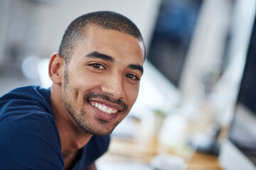 Obraz premium Happy, desk and portrait of business man for startup career, job and working in office. Professional workplace, creative company and face of person with confidence, pride and smile for design agency