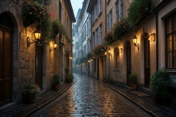 A classic old town in the countryside of Medieval Europe in the quiet twilight