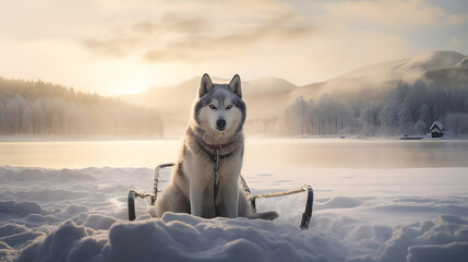 Resilient Sledder, Husky in Snowy Landscapes. generative ai