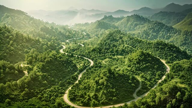 Aerial view of a winding road in the mountains with fog in the morning, An aerial view captures a forest and road surrounded by nature, AI Generated