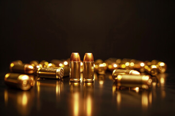 Frontal view, golden bullets cartridges randomly scattered on the dark floor. studio light - 769739251
