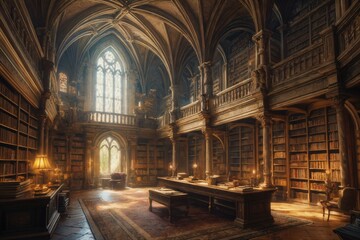 Obraz premium Concept art of old library filled with towering bookshelves and ancient tomes, dust floating in the air