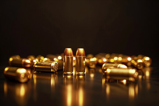 Frontal view, golden bullets cartridges randomly scattered on the dark floor. studio light
