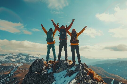 Visualize three people at the pinnacle of a mountain, joining hands and raising them high in a jubilant gesture of overcoming obstacles and achieving success together