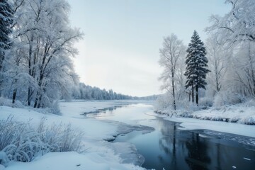 Obraz premium A snowy winter landscape, with snow-covered trees and a frozen lake.