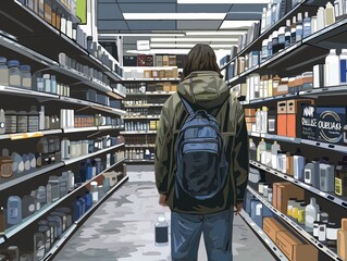 A man with a backpack is walking through a grocery store aisle. The store is full of shelves with many different products, including a variety of bottles and boxes
