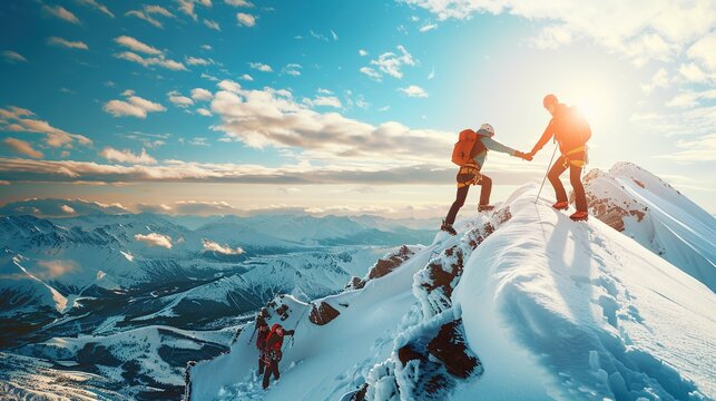 The team works together to help each other, always reach the top, team spirit, win-win cooperation