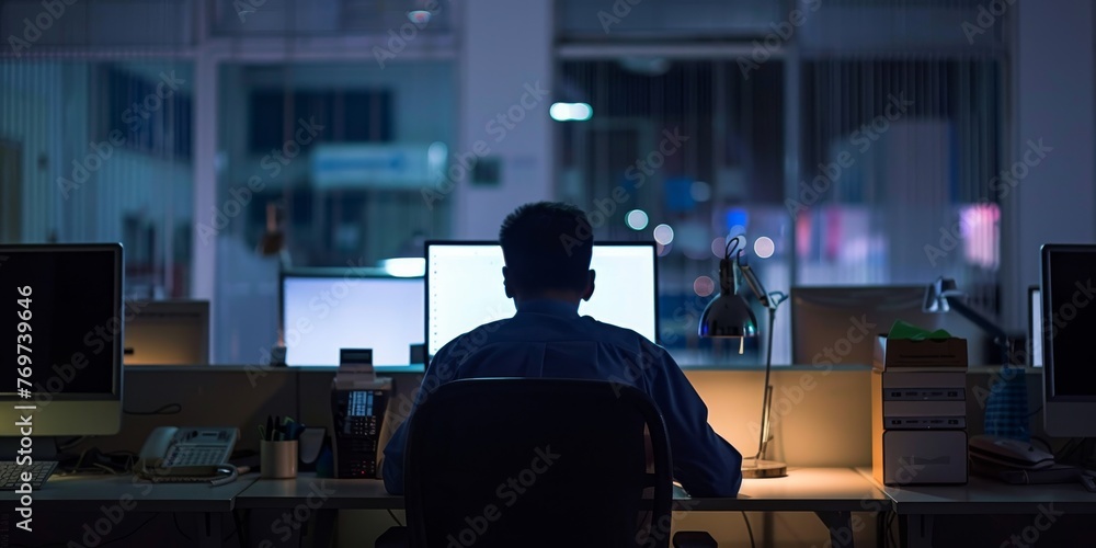 Poster a man is sitting at a desk with a computer monitor in front of him