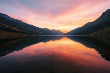 A serene mountain lake at dawn, the water reflecting the pink and orange sky