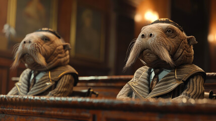 Walruses as judges in a mustache competition - obrazy, fototapety, plakaty