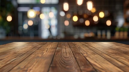 Wood table top on blur background of studio - can be used for montage or display your products for business , The empty wooden table top with blur background of indoor vintage cafe