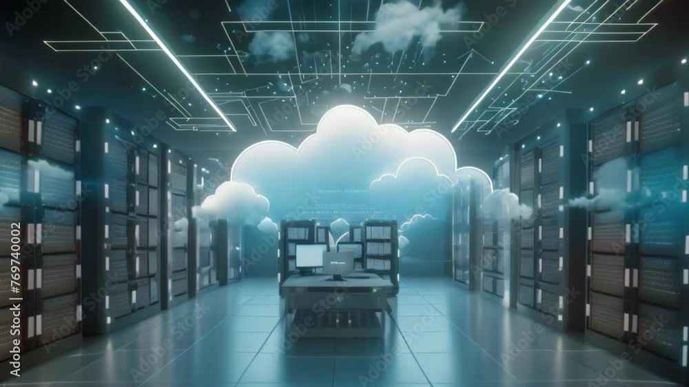 Poster Cloud computing concept with servers in data center 3D rendering toned image, Backup cloud data service center in 3D rendering, AI Generated