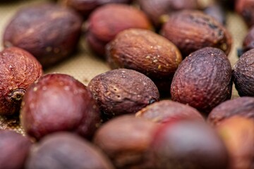 Close-up shot of several ripe coffee cherries