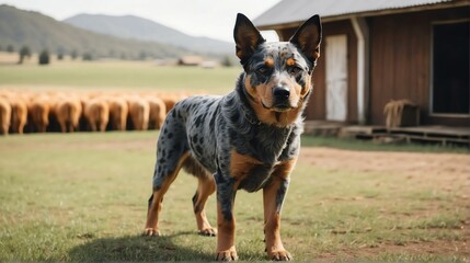 Naklejka na ściany i meble A australian cattle dog standing on a farm background with farmhouse ranch from Generative AI