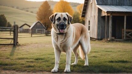 A anatolian shepherd dog standing on a farm background with farmhouse ranch from Generative AI