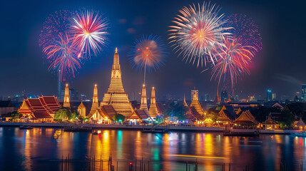 Thailand temple in the night time, firework on background, newyear festival with the temple
