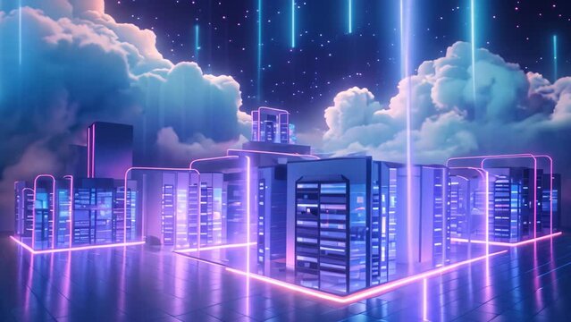 Server room with glowing neon lights in the night sky. Concept of cloud computing. Vector illustration, Backup cloud data service center in 3D rendering, AI Generated