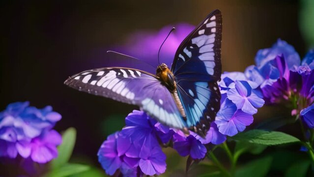 Butterfly on blue flowers in the garden. Close up, Beautiful butterfly perched on a blue flower, AI Generated