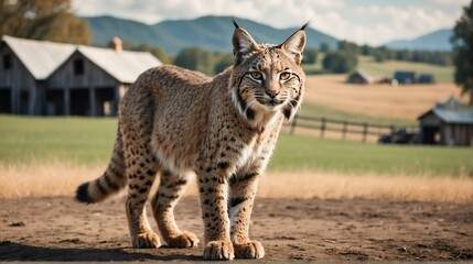 A bobcat standing on a farm background with farmhouse ranch from Generative AI - obrazy, fototapety, plakaty