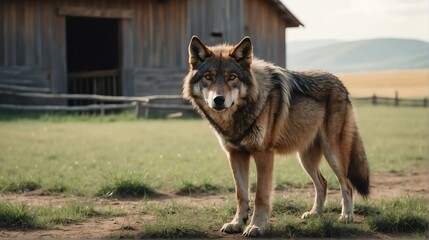 A brown wolf standing on a farm background with farmhouse ranch from Generative AI