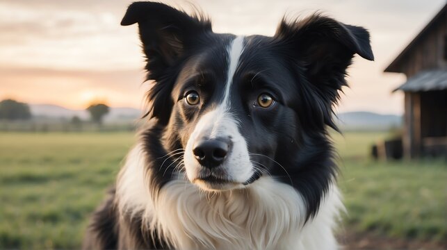 A border collie dog standing on a farm background with farmhouse ranch from Generative AI