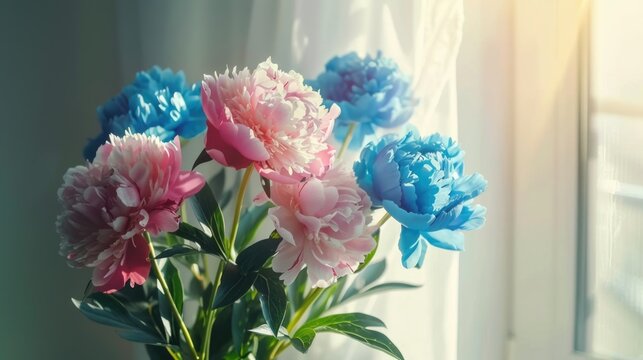 bouquet of flowers, bouquet of blue and pink peonies in a vase, white wall, sunlight,