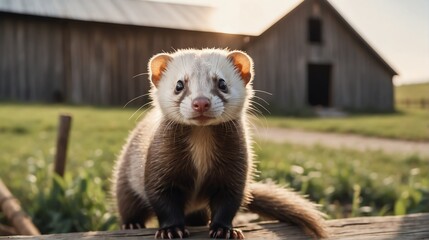 Fototapeta premium A ferret standing on a farm background with farmhouse ranch from Generative AI