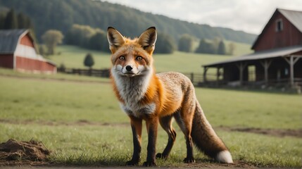 A fox standing on a farm background with farmhouse ranch from Generative AI - obrazy, fototapety, plakaty