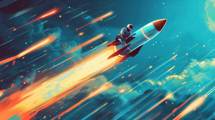 A figure riding a rocket, dodging obstacles labeled with common startup challenges - obrazy, fototapety, plakaty