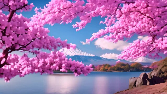 Mt Fuji with maple leaf background at Kawaguchiko lake in Japan, Beautiful Fuji mountain and lake landscape view with colorful tree leaves, AI Generated