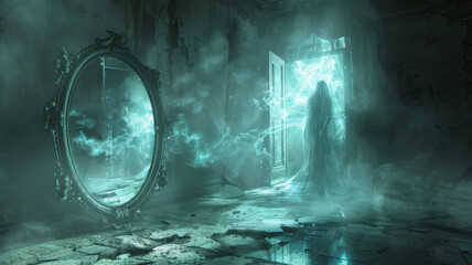 A haunted mirror revealing glowing phantoms instead of reflections