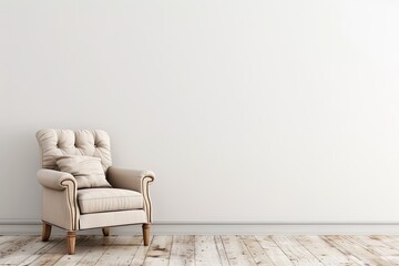 a luxury classic royal style comfortable armchair on a wooden floor with a white wall in background