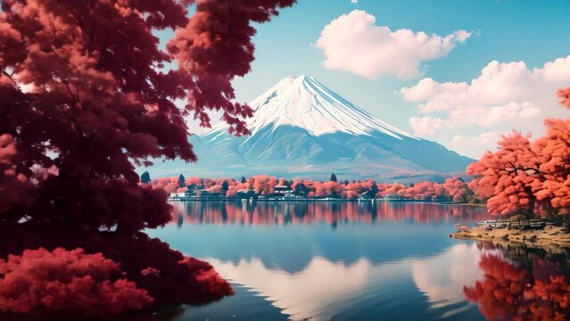 Mount Fuji and Cherry Blossom at Kawaguchiko lake in Japan, Beautiful Fuji mountain and lake landscape view with colorful tree leaves, AI Generated